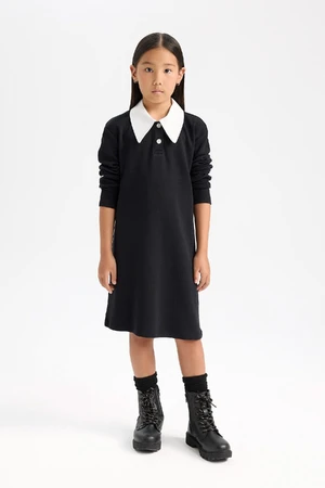 DEFACTO Girl Shirt Collar Basic Plain Long Sleeve Black Dress