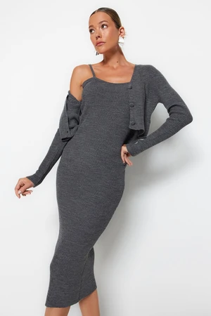 Trendyol Anthracite Button Detailed Cardigan-Dress Knitwear Suit