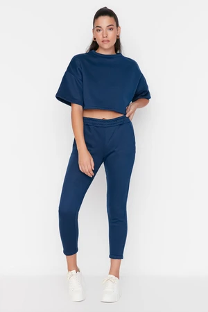 Trendyol Navy Blue Crop and Basic Jogger Fleece Interior Tracksuit Set