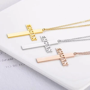 Tangula Custom Name Necklace with Cross Pendant Personalized Hollow Nameplate Stainless Steel Unisex Religious Jewelry Best Gift