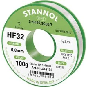 Bezolovnatý pájecí cín Stannol HF32 3,5% 0,8MM SN99,3CU0,7 CD 100G, bez olova, cívka, 100 g, 0.8 mm