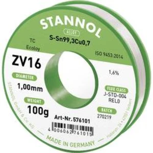 Bezolovnatý pájecí cín Stannol ZV16, bez olova, 100 g, 1 mm