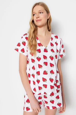 Trendyol White 100% Cotton Strawberry Patterned T-shirt-Shorts Knitted Pajamas Set