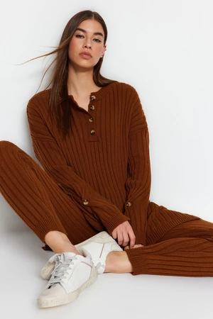 Trendyol Dark Brown Sweater Bottom-Top Suit with Ribbed Pants