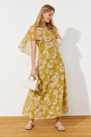 Trendyol Mustard Floral Half Sleeve Lined Woven Chiffon Dress