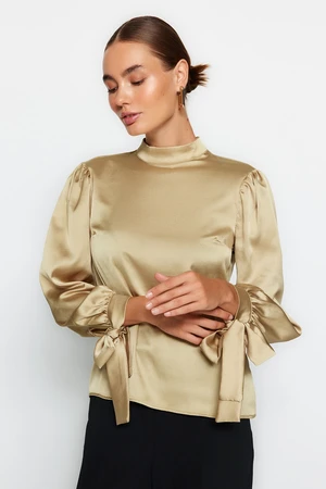 Trendyol Light Khaki Tie Detailed Woven Blouse