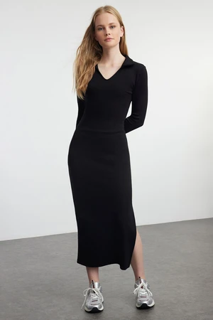 Trendyol Black Plain Midi Polo Neck Bodycone/Fits Midi Knit Dress