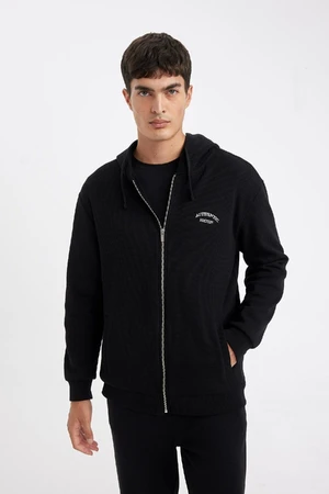 DEFACTO Men's Black Relax Fit Casual Cut Hooded Waffle Zipper Pocket Sweatshirt