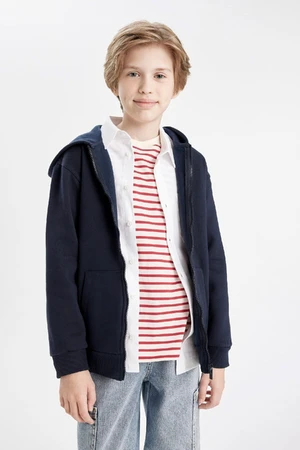 DEFACTO Boy Basic Plain Navy Blue Hooded Pocket Zippered School Cardigan