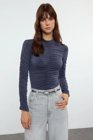 Trendyol Anthracite Slim Stretch Knitted Bodysuit with Gather Detail and Snap Fasteners