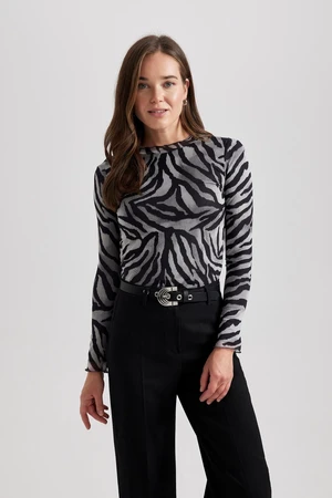 DEFACTO Crew Neck Zebra Patterned Tulle Long Sleeve T-Shirt Tunic