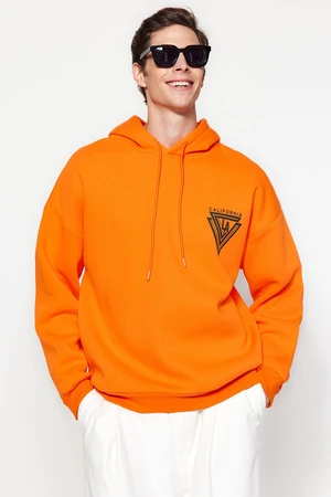 Trendyol Orange Hooded Oversize/Wide Cut College Printed Cotton Fleece Sweatshirt