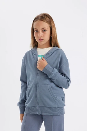 DEFACTO Girls Basic Hooded Pocket Zipper Closure School Cardigan