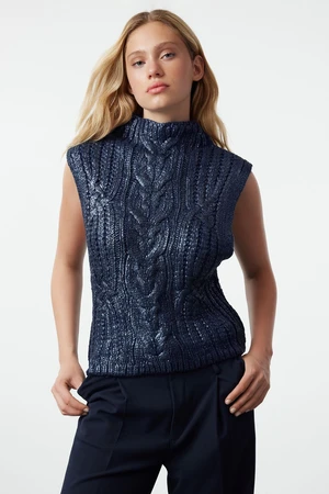 Trendyol Navy Blue Foil Printed Knit Sweater