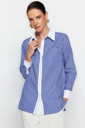 Trendyol Blue Striped Oversize/Creature Woven Shirt with Pocket