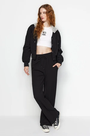 Trendyol Black Wide Leg/Wide Leg Corduroy High Waist Knitted Sweatpants