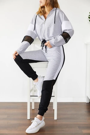 XHAN Women's Gray Mesh Detailed Tracksuit Suit