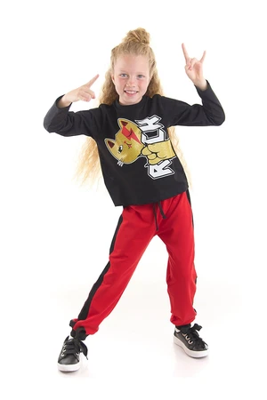 Mushi Rock Cat Girl Child Black T-shirt, Red Sweatpants Set.