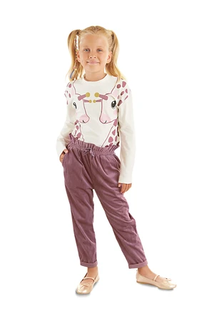 Denokids Twin Giraffe Girls Ecru T-shirt, Velvet Pants Suit