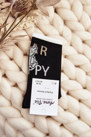 Women's cotton socks with inscription and teddy bear, black