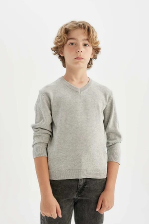 DEFACTO Boy Gray V Neck Basic Plain Knitwear School Sweater