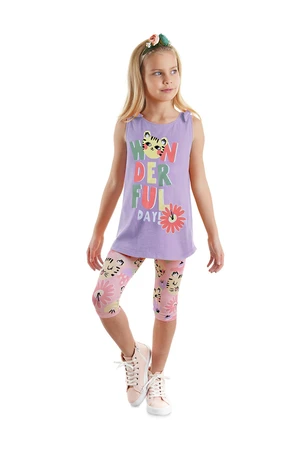 Denokids Cat Floral Sleeveless Girls Summer Tunic T-shirt Tights Set