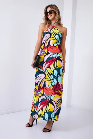 Patterned maxi dress with black tie around the neck