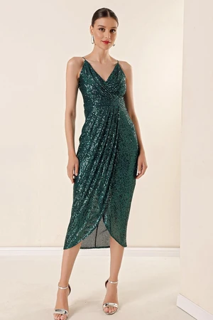 By Saygı Double-breasted Collar Thread Straps Lined Plumper Midi Dress Emerald