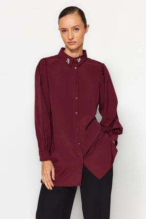 Trendyol Claret Red Collar with Embroidered Stones Detail Woven Shirt