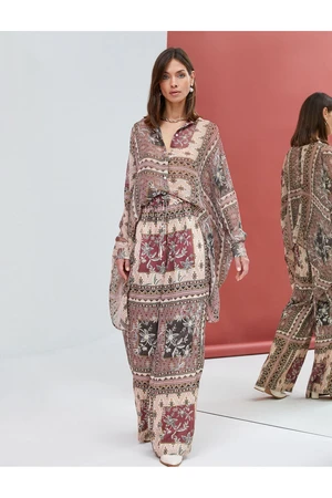 Koton Ethnic Patterned Chiffon Shirt with Buttons Short Front Long Back