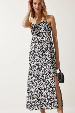 Happiness İstanbul Women's Black and White Strap Patterned Viscose Dress