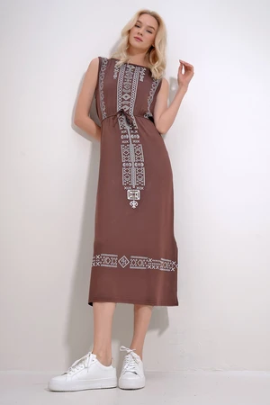 Trend Alaçatı Stili Women's Brown Embroidery Printed Bohemian Dress