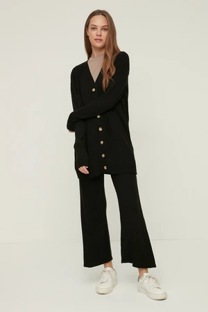 Trendyol Black V-Neck Button Detailed Long Cardigan-Pants Knitwear Suit