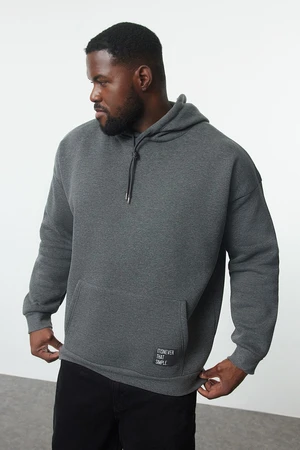 Trendyol Anthracite Plus Size Basic Comfortable Hooded Labeled Polar Fleece Cotton Sweatshirt