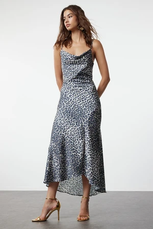 Trendyol Brown-Multicolor Leopard Patterned Lined Woven Satin Evening Dress