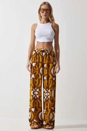 Happiness İstanbul Women's Mustard Patterned Flowing Viscose Palazzo Trousers