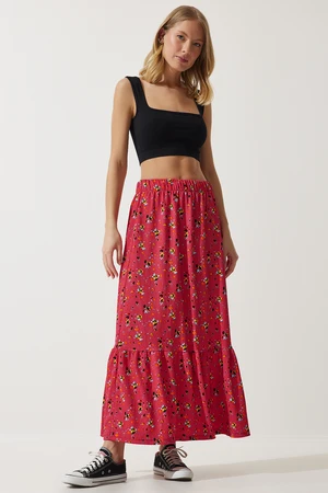 Happiness İstanbul Women's Pink Floral Flounce Viscose Skirt