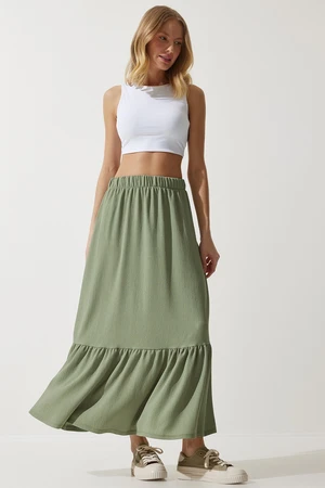 Happiness İstanbul Women's Green Flounce Summer Midi Skirt