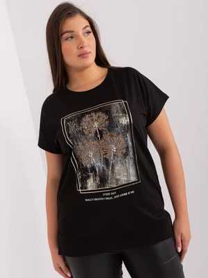 Black plus size blouse with print and appliqué