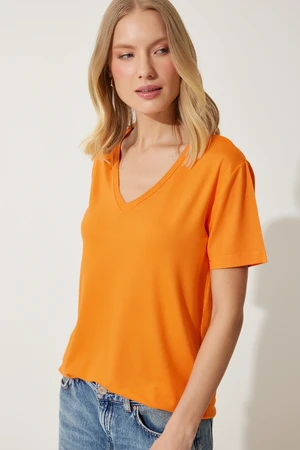 Happiness İstanbul Women's Orange V-Neck Basic Viscose Knitted T-Shirt