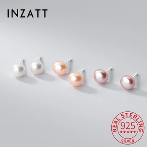 INZATT INS Hot Real 925 Sterling Silver 4/6/8MM Freshwater Pearl Stud Earrings For Women Fine Jewelry Minimalist Accessories