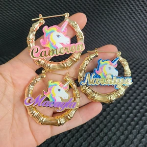 Customize Unicorn Name Earrings Bamboo Style Custom Hoop Earrings With Statement Words Numbers C34