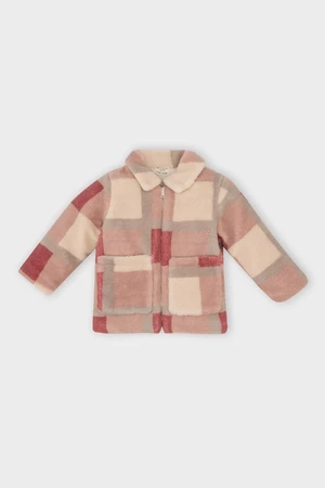 DEFACTO Baby Girl Shirt Collar Zippered Square Patterned Welsoft Plush Cardigan