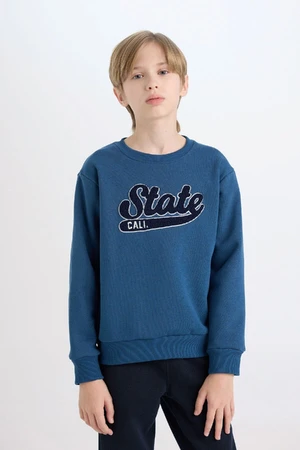 DEFACTO Boy Navy Blue Regular Fit Crew Neck Embroidered Thick Sweatshirt