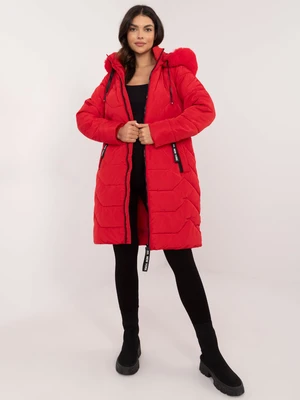 Red long winter jacket with stitching