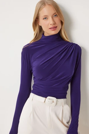 Happiness İstanbul Women's Purple Gathered Detailed High Neck Sandy Blouse