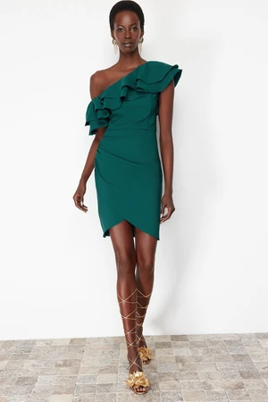 Trendyol Emerald Green Single Sleeve Ruffled Woven Short Elegant Evening Dress