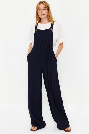 Trendyol Navy Blue Gilet Form Wide Leg Maxi Linen Look Woven Jumpsuit