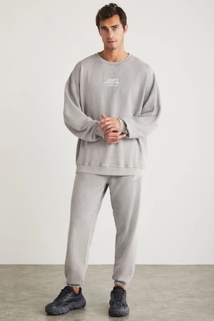 GRIMELANGE Alex Men's Knitted Crew Neck Relaxed Fit Elasticated Leg Light Gray Tracksuit Set