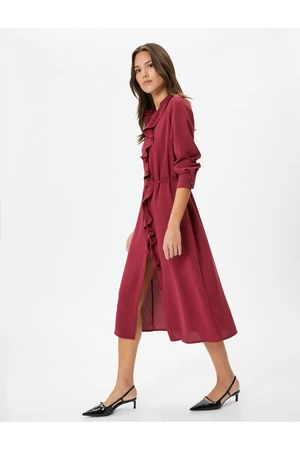 Koton Midi Length Ruffle Dress Long Sleeve Buttoned Waist Tie